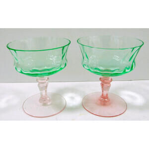 2 Rare Uranium Glass Sherbet Stemware Diamond Optic Reverse Green Pink